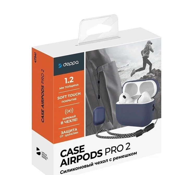 Силиконовый чехол Deppa для AirPods PRO2 с ремешком (47341) Blue фото 3
