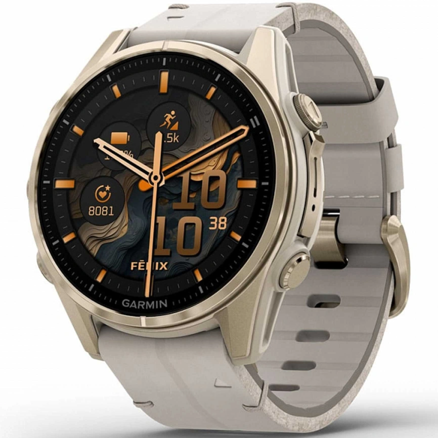 Смарт-часы Garmin Fenix 8 43mm Amoled Sapphire (010-02903-40) Soft Gold Stainless Steel with Fog Gray Leather Band фото 1