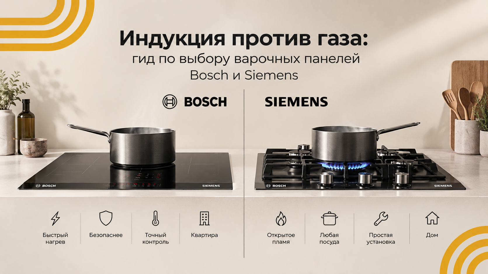 Схематичное сравнение индукционной и газовой варочной панели Bosch и Siemens на кухне